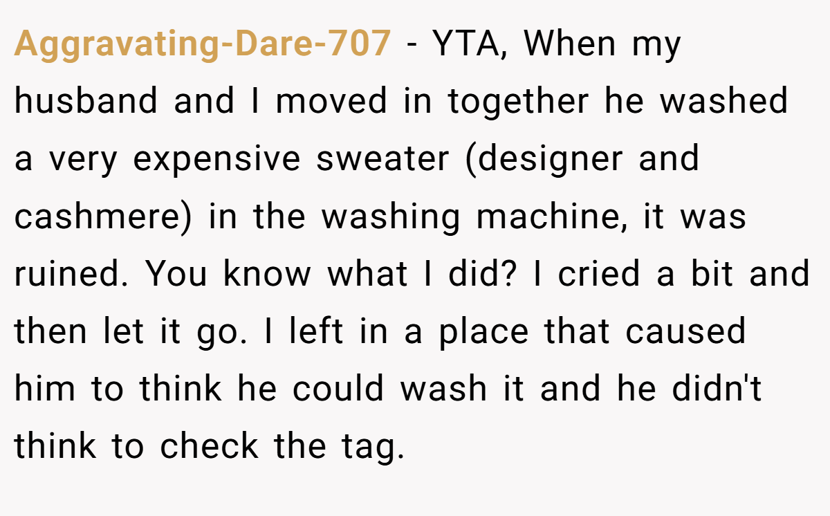Aggravating-Dare-707 − YTA, When my husband and I moved in together he washed a very expensive sweater (designer and cashmere) in the washing machine, it was ruined. You know what I did? I cried a bit and then let it go. I left in a place that caused him to think he could wash it and he didn't think to check the tag.