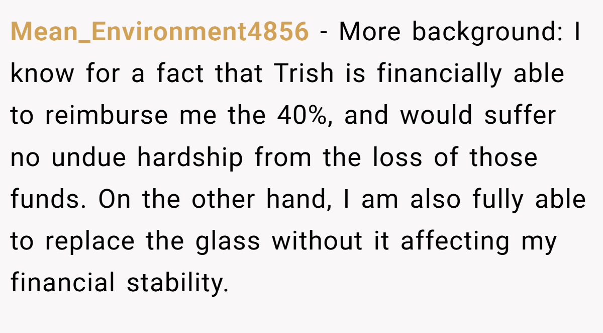 Mean_Environment4856 − More background: I know for a fact that Trish is financially able to reimburse me the 40%, and would suffer no undue hardship from the loss of those funds. On the other hand, I am also fully able to replace the glass without it affecting my financial stability.