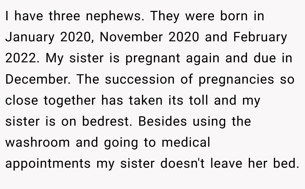 I have three nephews. They were born in January 2020, November 2020 and February 2022. My sister is pregnant again and due in December. The succession of pregnancies so close together has taken its toll and my sister is on bedrest. Besides using the washroom and going to medical appointments my sister doesn't leave her bed.