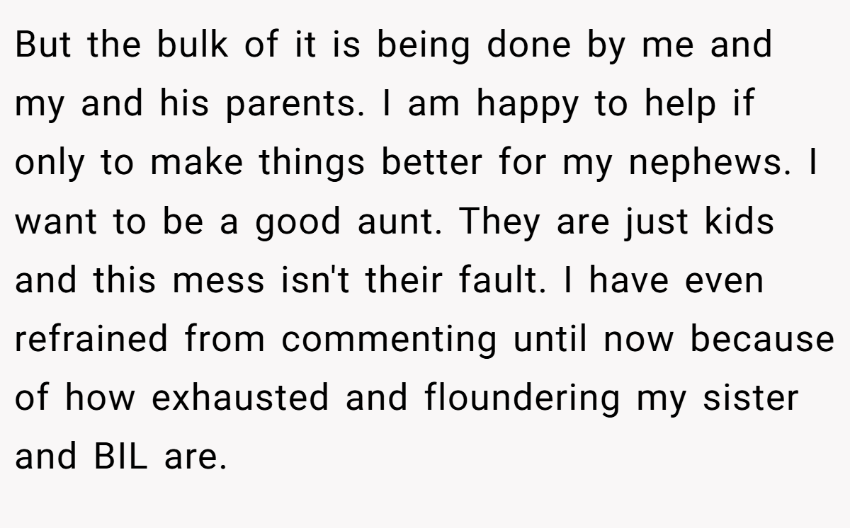 But the bulk of it is being done by me and my and his parents. I am happy to help if only to make things better for my nephews. I want to be a good aunt. They are just kids and this mess isn't their fault. I have even refrained from commenting until now because of how exhausted and floundering my sister and BIL are.