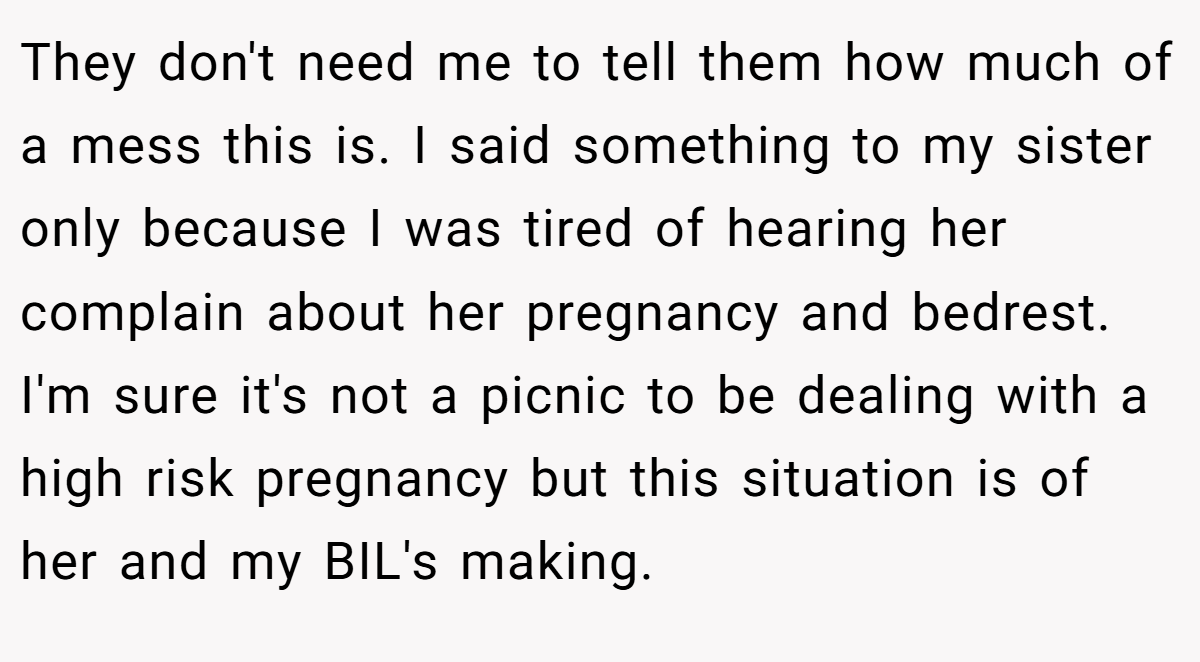 They don't need me to tell them how much of a mess this is. I said something to my sister only because I was tired of hearing her complain about her pregnancy and bedrest. I'm sure it's not a picnic to be dealing with a high risk pregnancy but this situation is of her and my BIL's making.