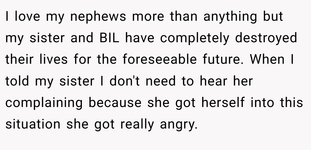 I love my nephews more than anything but my sister and BIL have completely destroyed their lives for the foreseeable future. When I told my sister I don't need to hear her complaining because she got herself into this situation she got really angry.
