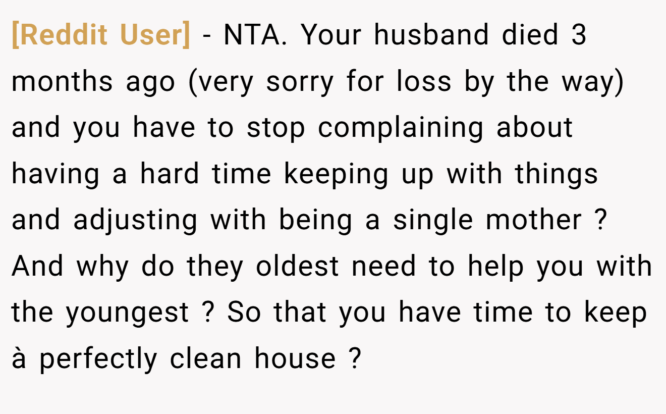 [Reddit User] - NTA. Your husband died 3 months ago (very sorry for loss by the way) and you have to stop complaining about having a hard time keeping up with things and adjusting with being a single mother ? And why do they oldest need to help you with the youngest ? So that you have time to keep à perfectly clean house ?