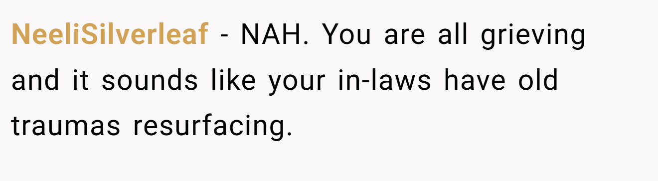 NeeliSilverleaf - NAH. You are all grieving and it sounds like your in-laws have old traumas resurfacing.
