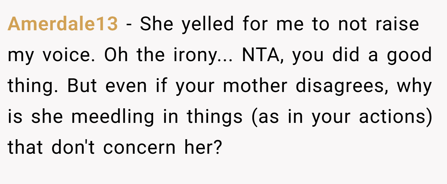 Amerdale13 − She yelled for me to not raise my voice. Oh the irony... NTA, you did a good thing. But even if your mother disagrees, why is she meedling in things (as in your actions) that don't concern her?