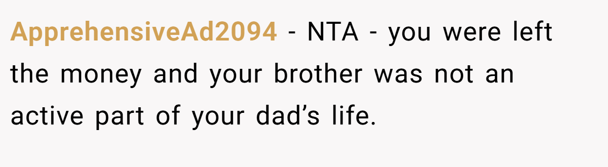 ApprehensiveAd2094 - NTA - you were left the money and your brother was not an active part of your dad’s life.
