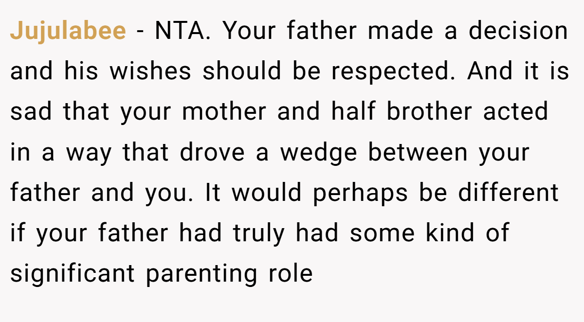 Jujulabee - NTA. Your father made a decision and his wishes should be respected. And it is sad that your mother and half brother acted in a way that drove a wedge between your father and you. It would perhaps be different if your father had truly had some kind of significant parenting role