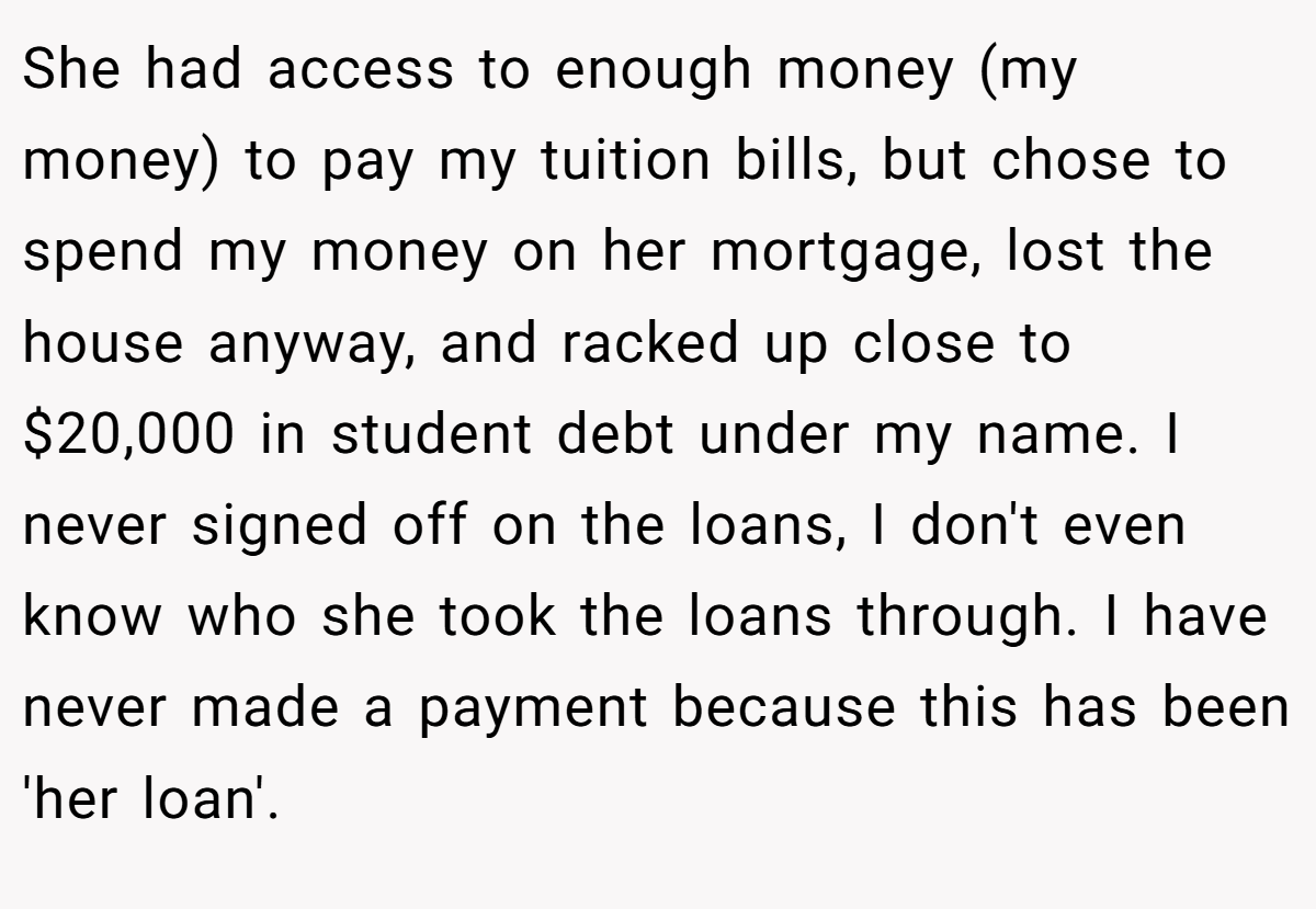 She had access to enough money (my money) to pay my tuition bills, but chose to spend my money on her mortgage, lost the house anyway, and racked up close to $20,000 in student debt under my name. I never signed off on the loans, I don't even know who she took the loans through. I have never made a payment because this has been 'her loan'.