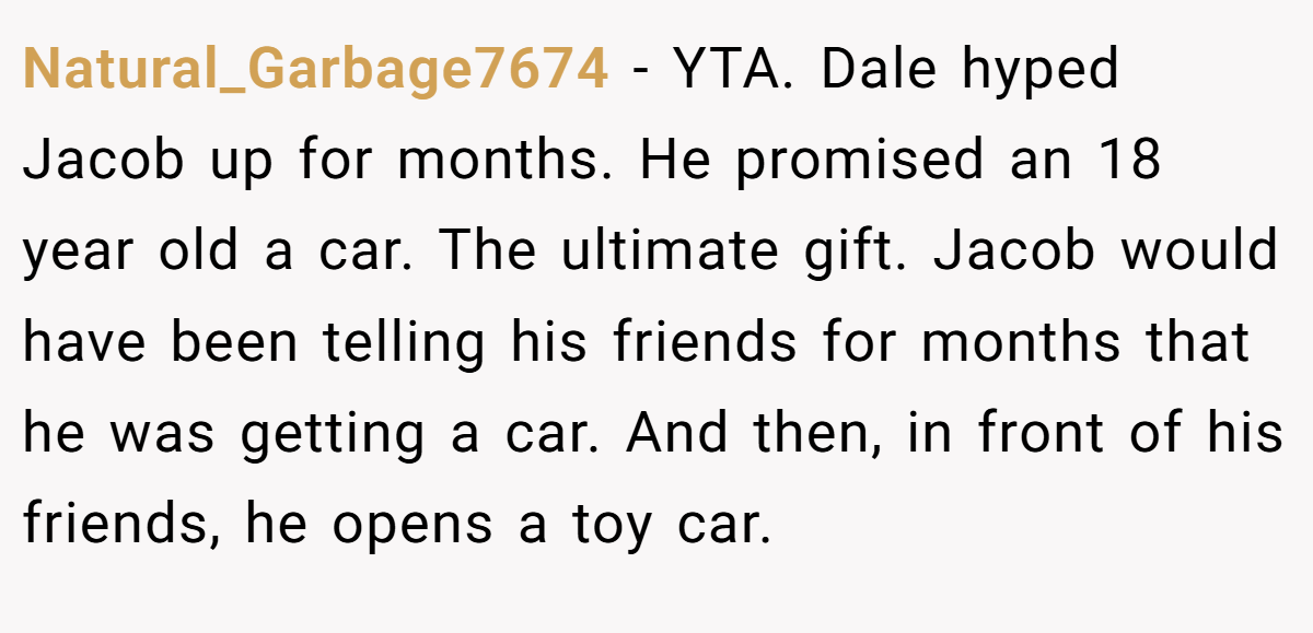 Natural_Garbage7674 - YTA. Dale hyped Jacob up for months. He promised an 18 year old a car. The ultimate gift. Jacob would have been telling his friends for months that he was getting a car. And then, in front of his friends, he opens a toy car.