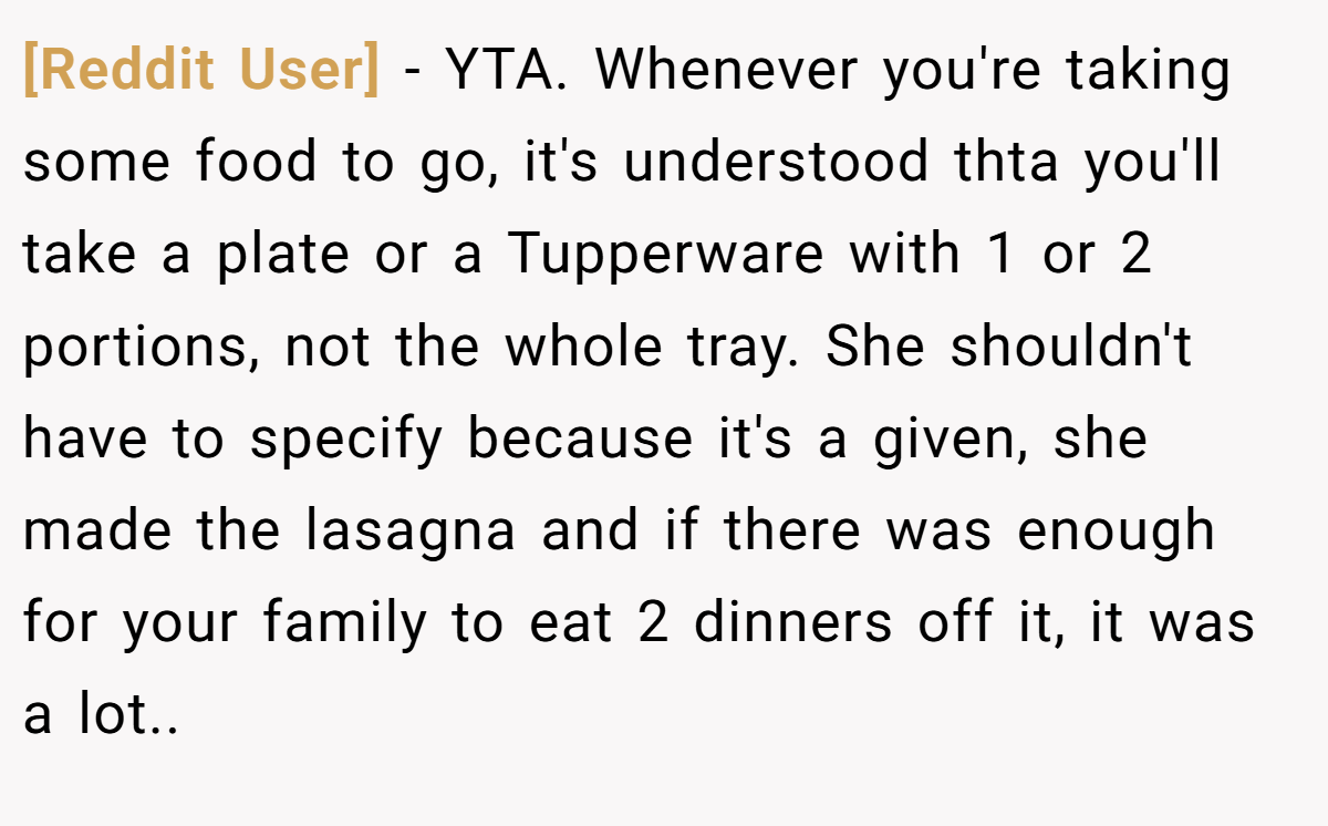 [Reddit User] − YTA. Whenever you're taking some food to go, it's understood thta you'll take a plate or a Tupperware with 1 or 2 portions, not the whole tray. She shouldn't have to specify because it's a given, she made the lasagna and if there was enough for your family to eat 2 dinners off it, it was a lot..