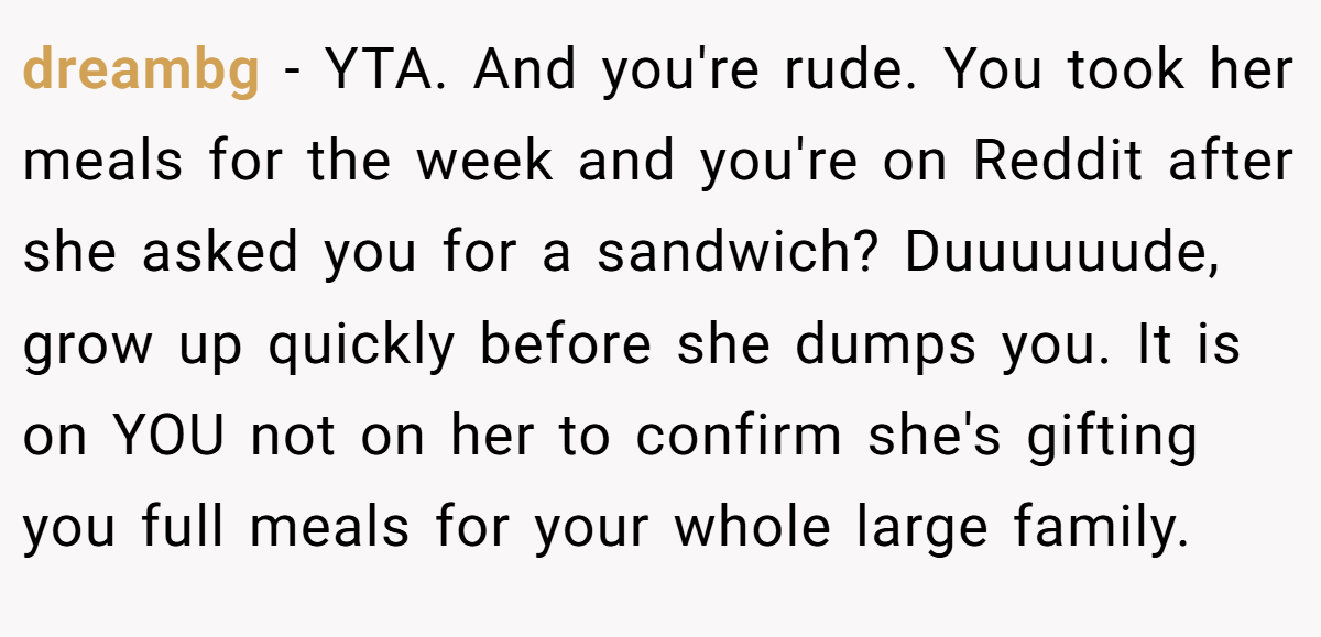 dreambg − YTA. And you're rude. You took her meals for the week and you're on Reddit after she asked you for a sandwich? Duuuuuude, grow up quickly before she dumps you. It is on YOU not on her to confirm she's gifting you full meals for your whole large family.
