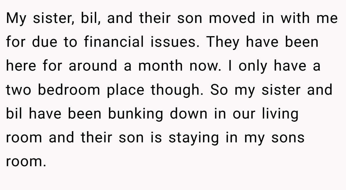 My sister, bil, and their son moved in with me for due to financial issues. They have been here for around a month now. I only have a two bedroom place though. So my sister and bil have been bunking down in our living room and their son is staying in my sons room.