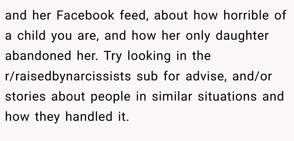 and her Facebook feed, about how horrible of a child you are, and how her only daughter abandoned her. Try looking in the r/raisedbynarcissists sub for advise, and/or stories about people in similar situations and how they handled it.