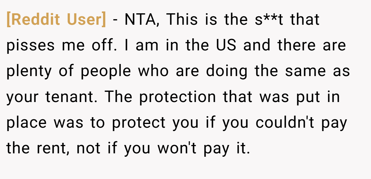 [Reddit User] − NTA, This is the s**t that pisses me off. I am in the US and there are plenty of people who are doing the same as your tenant. The protection that was put in place was to protect you if you couldn't pay the rent, not if you won't pay it.