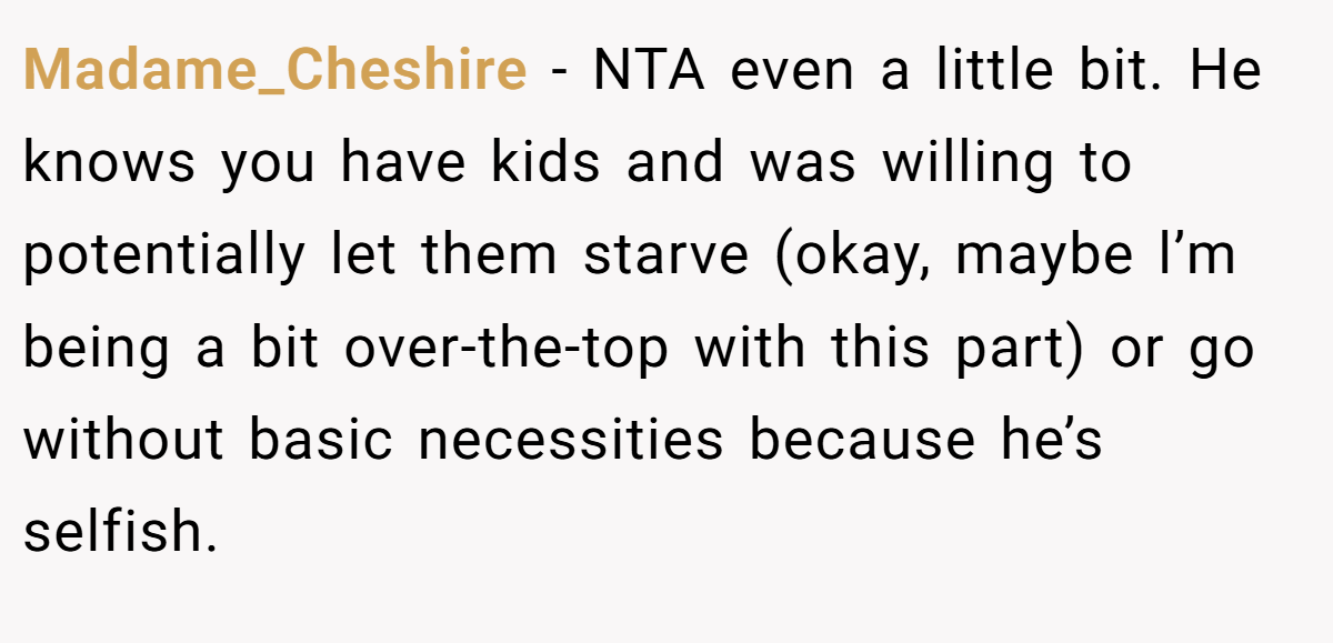 Madame_Cheshire − NTA even a little bit. He knows you have kids and was willing to potentially let them starve (okay, maybe l’m being a bit over-the-top with this part) or go without basic necessities because he’s selfish.