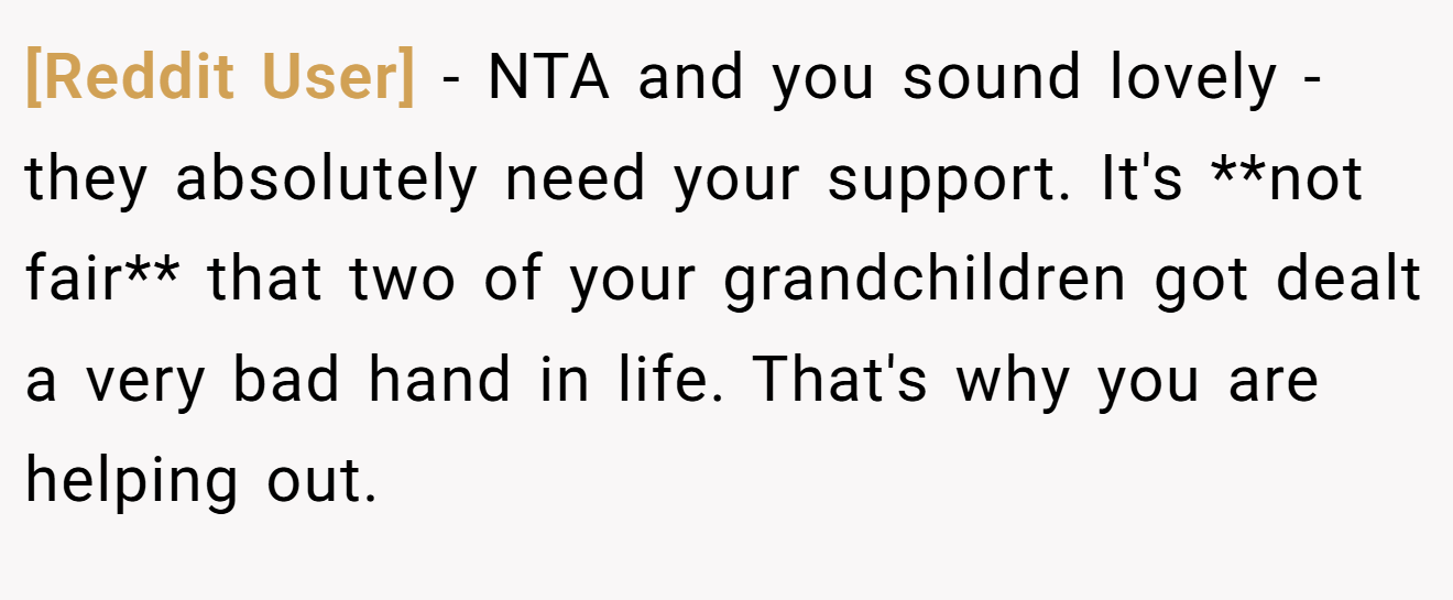 [Reddit User] - NTA and you sound lovely - they absolutely need your support. It's **not fair** that two of your grandchildren got dealt a very bad hand in life. That's why you are helping out.