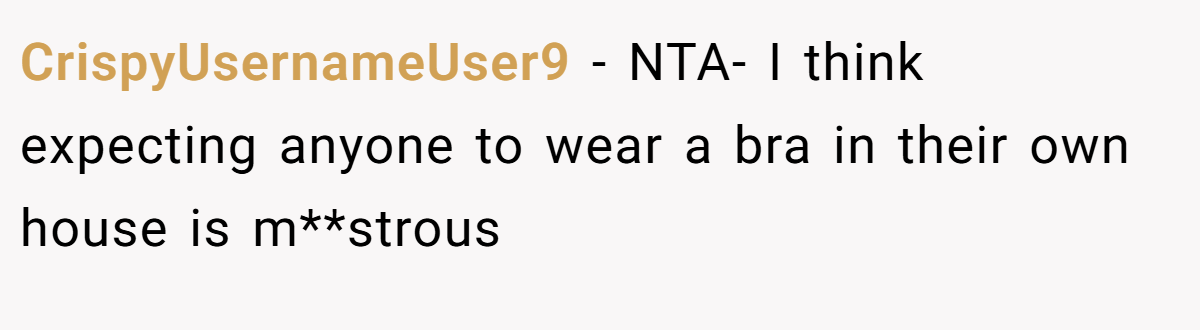 CrispyUsernameUser9 − NTA- I think expecting anyone to wear a bra in their own house is m**strous