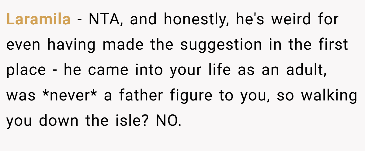 Laramila - NTA, and honestly, he's weird for even having made the suggestion in the first place - he came into your life as an adult, was *never* a father figure to you, so walking you down the isle? NO.