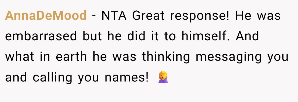 AnnaDeMood - NTA Great response! He was embarrased but he did it to himself. And what in earth he was thinking messaging you and calling you names! 🤦‍♀️