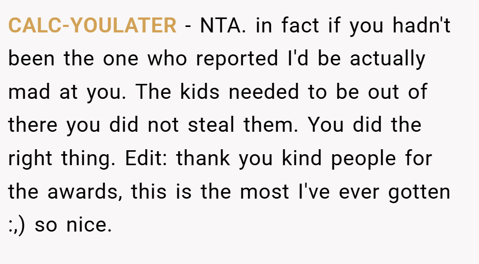 CALC-YOULATER − NTA. in fact if you hadn't been the one who reported I'd be actually mad at you. The kids needed to be out of there you did not steal them. You did the right thing. Edit: thank you kind people for the awards, this is the most I've ever gotten :,) so nice.