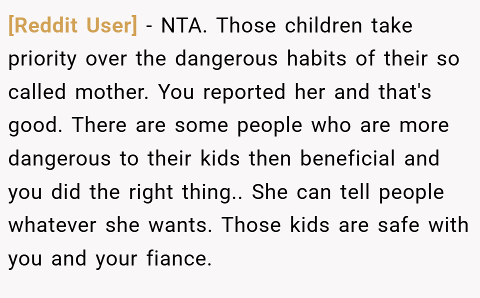 [Reddit User] − NTA. Those children take priority over the dangerous habits of their so called mother. You reported her and that's good. There are some people who are more dangerous to their kids then beneficial and you did the right thing.. She can tell people whatever she wants. Those kids are safe with you and your fiance.