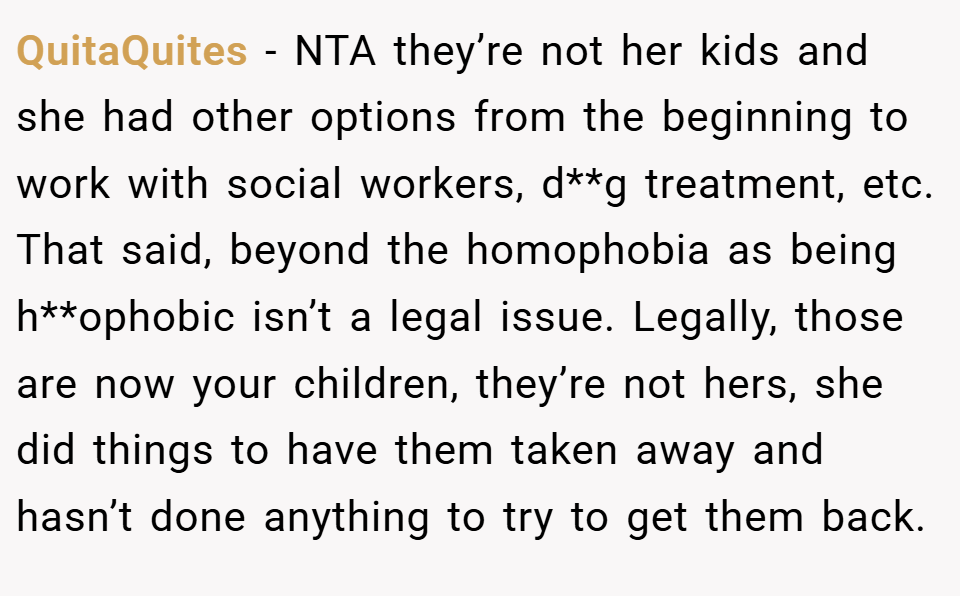 QuitaQuites − NTA they’re not her kids and she had other options from the beginning to work with social workers, d**g treatment, etc. That said, beyond the homophobia as being h**ophobic isn’t a legal issue. Legally, those are now your children, they’re not hers, she did things to have them taken away and hasn’t done anything to try to get them back.