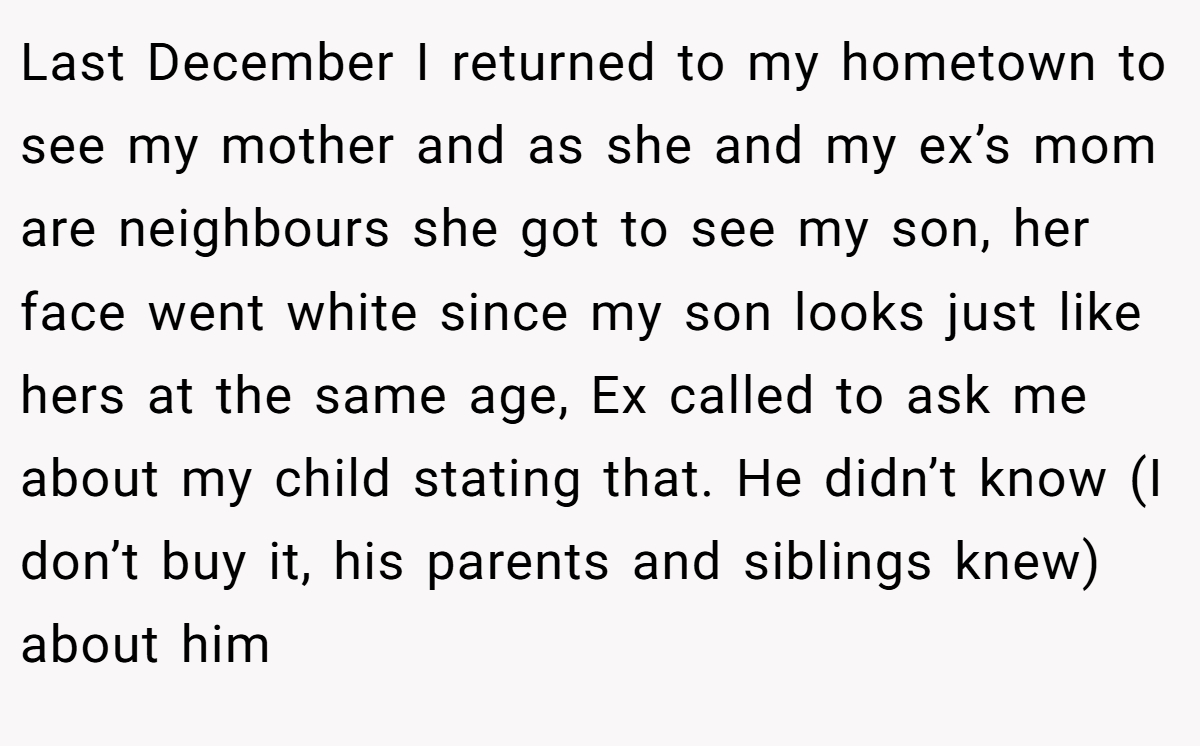 Last December I returned to my hometown to see my mother and as she and my ex’s mom are neighbours she got to see my son, her face went white since my son looks just like hers at the same age, Ex called to ask me about my child stating that. He didn’t know (I don’t buy it, his parents and siblings knew) about him