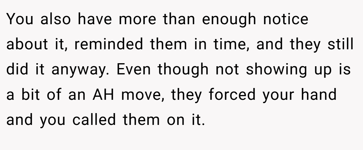 You also have more than enough notice about it, reminded them in time, and they still did it anyway. Even though not showing up is a bit of an AH move, they forced your hand and you called them on it.