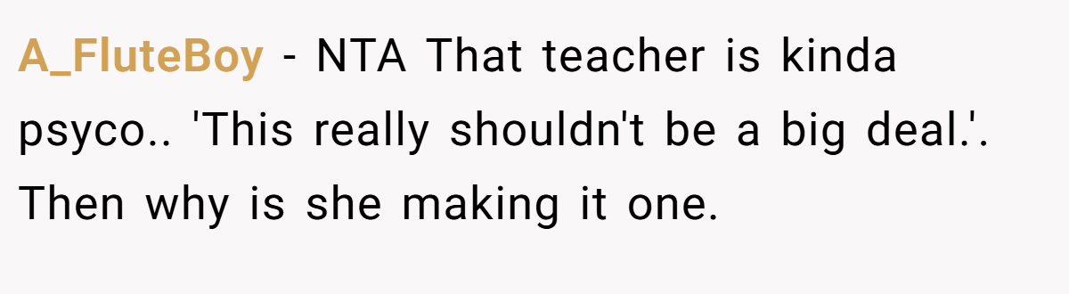 A_FluteBoy − NTA That teacher is kinda psyco.. 'This really shouldn't be a big deal.'. Then why is she making it one.