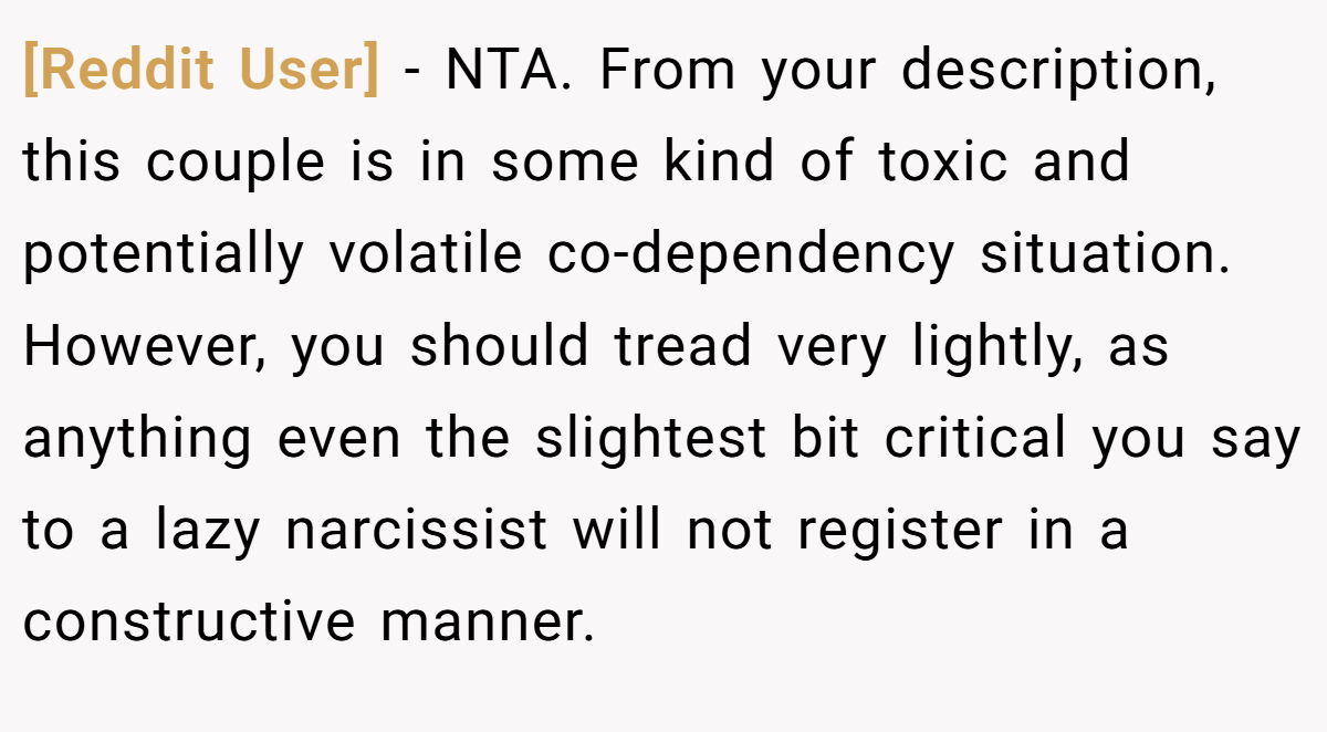 [Reddit User] - NTA. From your description, this couple is in some kind of toxic and potentially volatile co-dependency situation. However, you should tread very lightly, as anything even the slightest bit critical you say to a lazy narcissist will not register in a constructive manner.