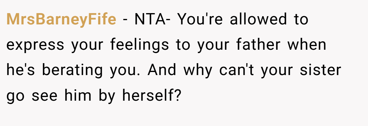 MrsBarneyFife − NTA- You're allowed to express your feelings to your father when he's berating you. And why can't your sister go see him by herself?