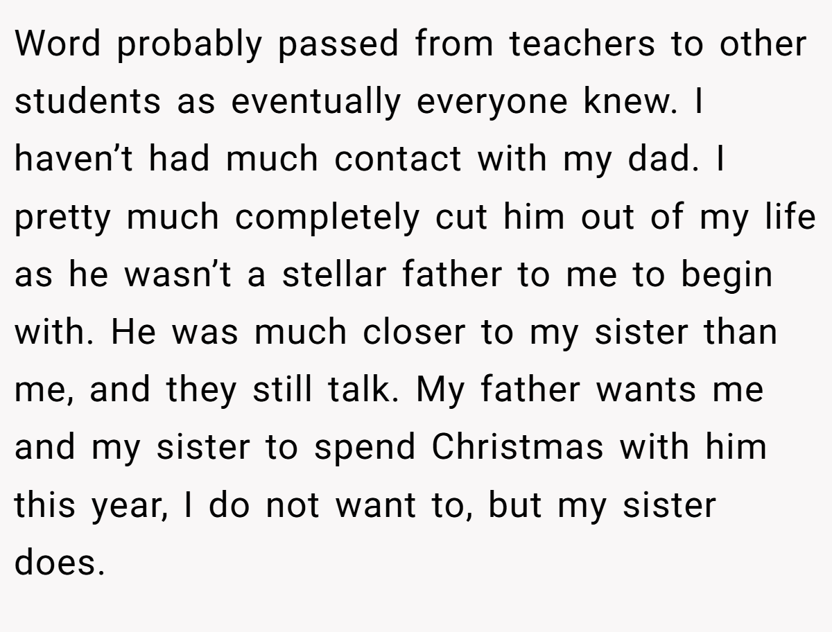 Word probably passed from teachers to other students as eventually everyone knew. I haven’t had much contact with my dad. I pretty much completely cut him out of my life as he wasn’t a stellar father to me to begin with. He was much closer to my sister than me, and they still talk. My father wants me and my sister to spend Christmas with him this year, I do not want to, but my sister does.