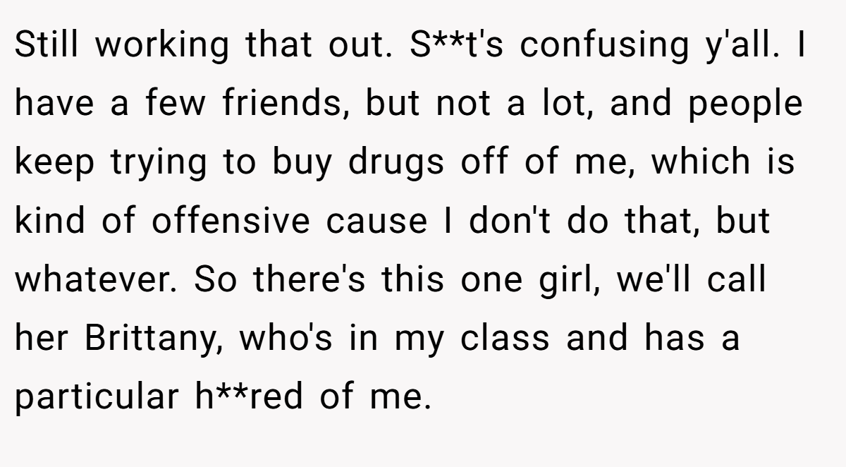 Still working that out. S**t's confusing y'all. I have a few friends, but not a lot, and people keep trying to buy drugs off of me, which is kind of offensive cause I don't do that, but whatever. So there's this one girl, we'll call her Brittany, who's in my class and has a particular h**red of me.