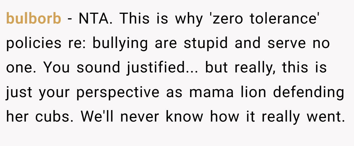 bulborb - NTA. This is why 'zero tolerance' policies re: bullying are stupid and serve no one. You sound justified... but really, this is just your perspective as mama lion defending her cubs. We'll never know how it really went.