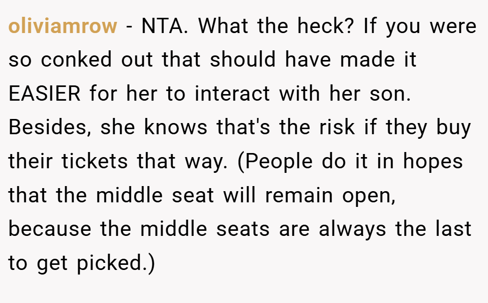 oliviamrow − NTA. What the heck? If you were so conked out that should have made it EASIER for her to interact with her son. Besides, she knows that's the risk if they buy their tickets that way. (People do it in hopes that the middle seat will remain open, because the middle seats are always the last to get picked.)