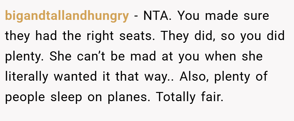 bigandtallandhungry − NTA. You made sure they had the right seats. They did, so you did plenty. She can’t be mad at you when she literally wanted it that way.. Also, plenty of people sleep on planes. Totally fair.