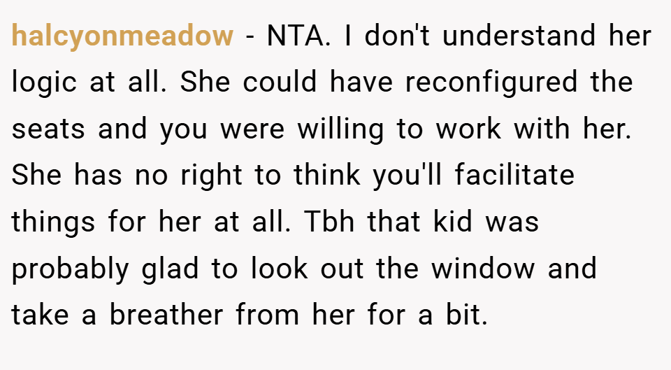 halcyonmeadow − NTA. I don't understand her logic at all. She could have reconfigured the seats and you were willing to work with her. She has no right to think you'll facilitate things for her at all. Tbh that kid was probably glad to look out the window and take a breather from her for a bit.