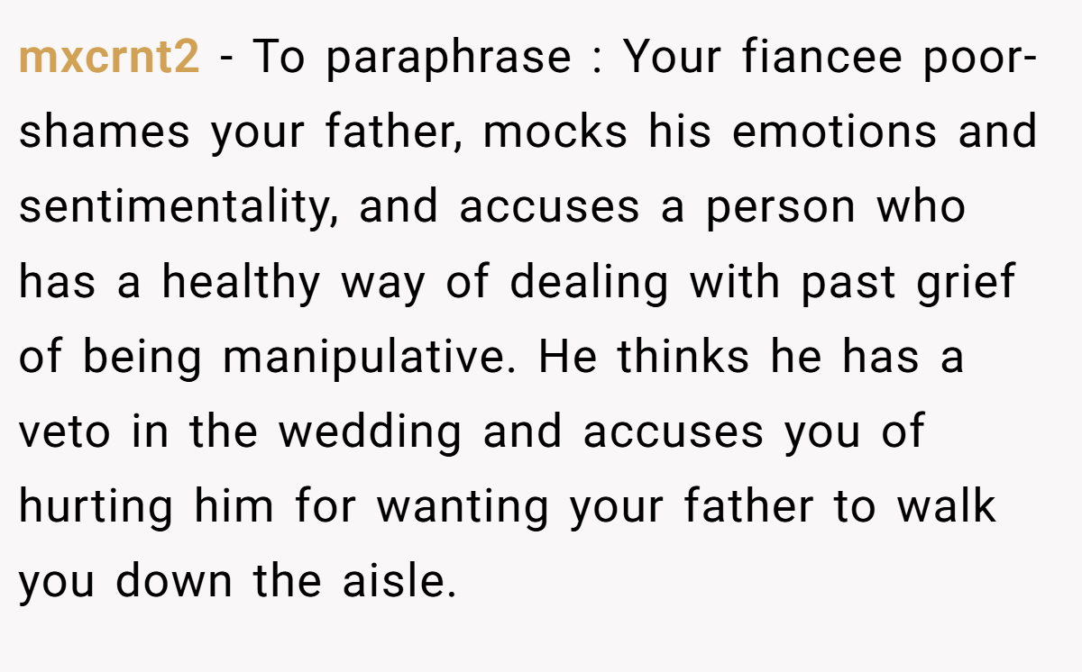 mxcrnt2 − To paraphrase : Your fiancee poor-shames your father, mocks his emotions and sentimentality, and accuses a person who has a healthy way of dealing with past grief of being manipulative. He thinks he has a veto in the wedding and accuses you of hurting him for wanting your father to walk you down the aisle.