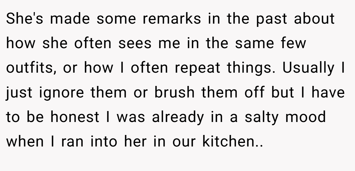 She's made some remarks in the past about how she often sees me in the same few outfits, or how I often repeat things. Usually I just ignore them or brush them off but I have to be honest I was already in a salty mood when I ran into her in our kitchen..