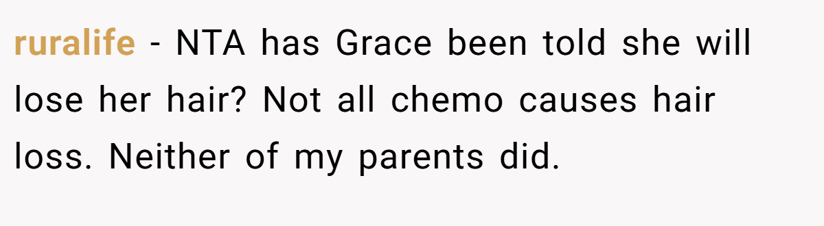 ruralife - NTA has Grace been told she will lose her hair? Not all chemo causes hair loss. Neither of my parents did.