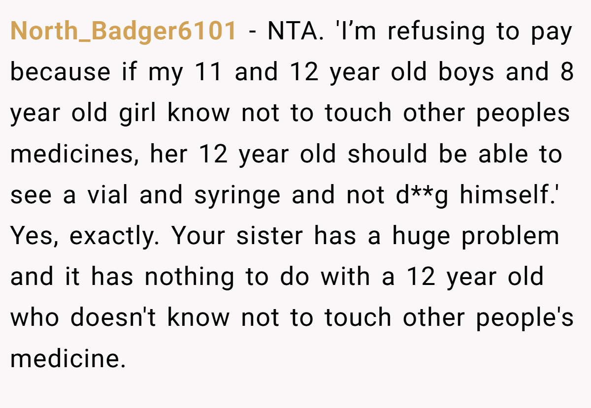 North_Badger6101 - NTA. 'I’m refusing to pay because if my 11 and 12 year old boys and 8 year old girl know not to touch other peoples medicines, her 12 year old should be able to see a vial and syringe and not d**g himself.' Yes, exactly. Your sister has a huge problem and it has nothing to do with a 12 year old who doesn't know not to touch other people's medicine.