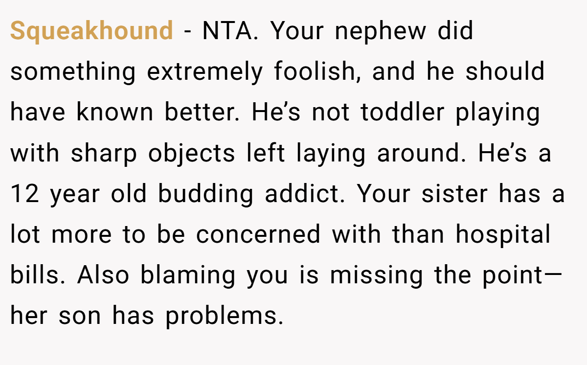 Squeakhound - NTA. Your nephew did something extremely foolish, and he should have known better. He’s not toddler playing with sharp objects left laying around. He’s a 12 year old budding addict. Your sister has a lot more to be concerned with than hospital bills. Also blaming you is missing the point—her son has problems.
