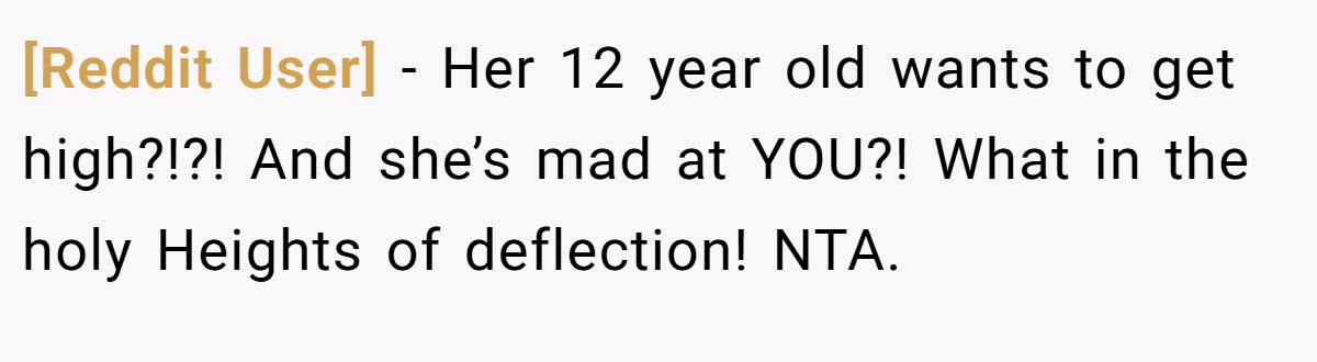 [Reddit User] - Her 12 year old wants to get high?!?! And she’s mad at YOU?! What in the holy Heights of deflection! NTA.