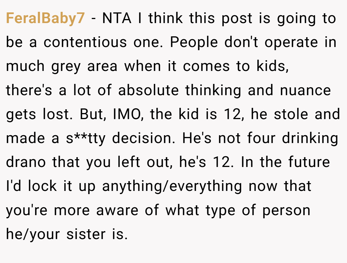 FeralBaby7 - NTA I think this post is going to be a contentious one. People don't operate in much grey area when it comes to kids, there's a lot of absolute thinking and nuance gets lost. But, IMO, the kid is 12, he stole and made a s**tty decision. He's not four drinking drano that you left out, he's 12. In the future I'd lock it up anything/everything now that you're more aware of what type of person he/your sister is.