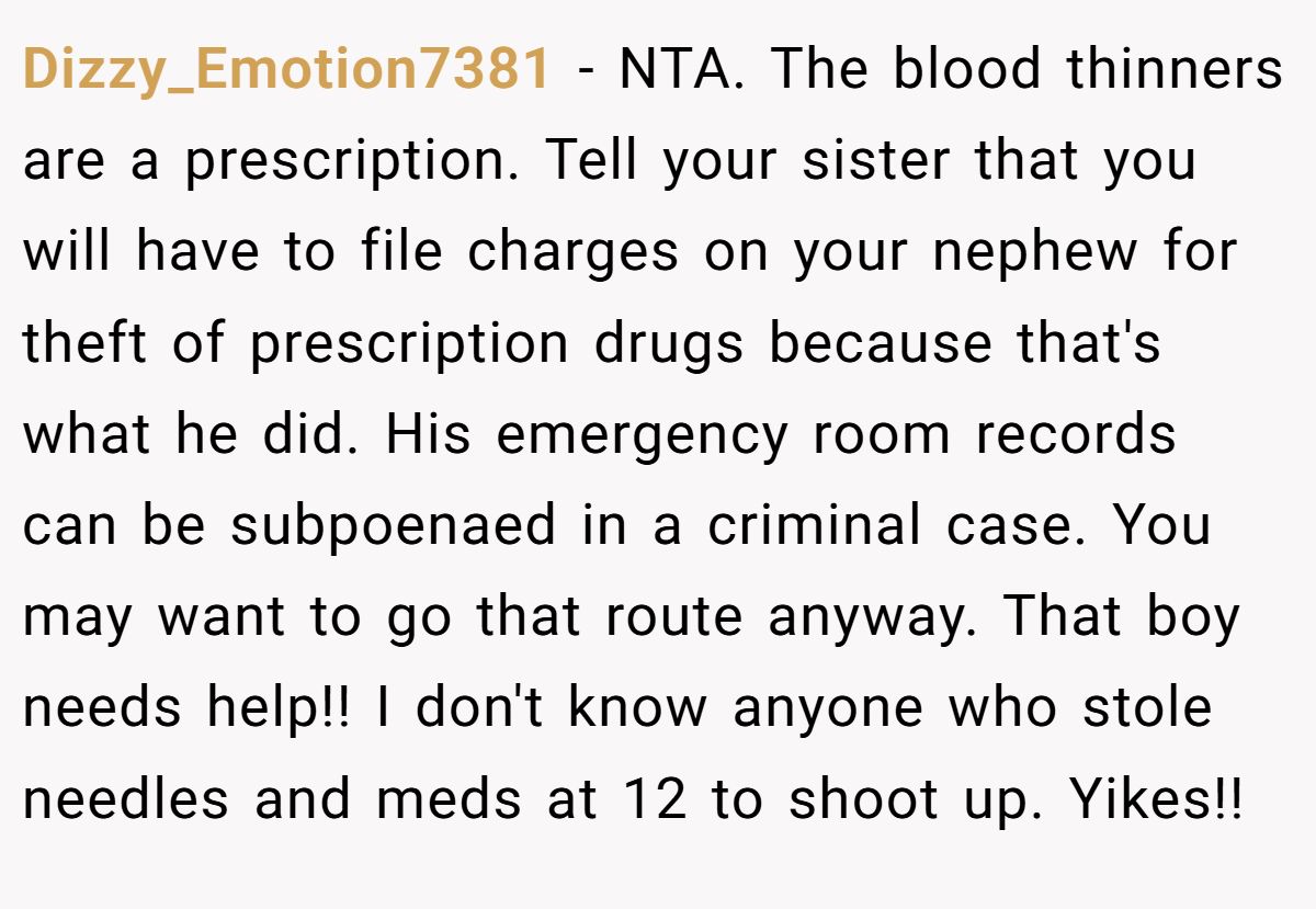 Dizzy_Emotion7381 - NTA. The blood thinners are a prescription. Tell your sister that you will have to file charges on your nephew for theft of prescription drugs because that's what he did. His emergency room records can be subpoenaed in a criminal case. You may want to go that route anyway. That boy needs help!! I don't know anyone who stole needles and meds at 12 to shoot up. Yikes!!