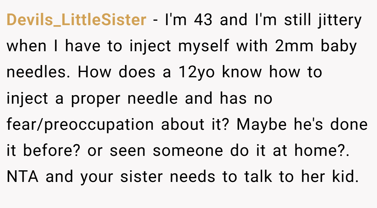 Devils_LittleSister - I'm 43 and I'm still jittery when I have to inject myself with 2mm baby needles. How does a 12yo know how to inject a proper needle and has no fear/preoccupation about it? Maybe he's done it before? or seen someone do it at home?. NTA and your sister needs to talk to her kid.