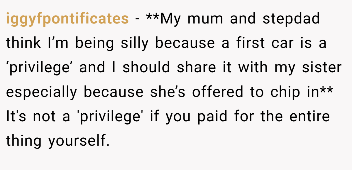 iggyfpontificates - **My mum and stepdad think I’m being silly because a first car is a ‘privilege’ and I should share it with my sister especially because she’s offered to chip in** It's not a 'privilege' if you paid for the entire thing yourself.