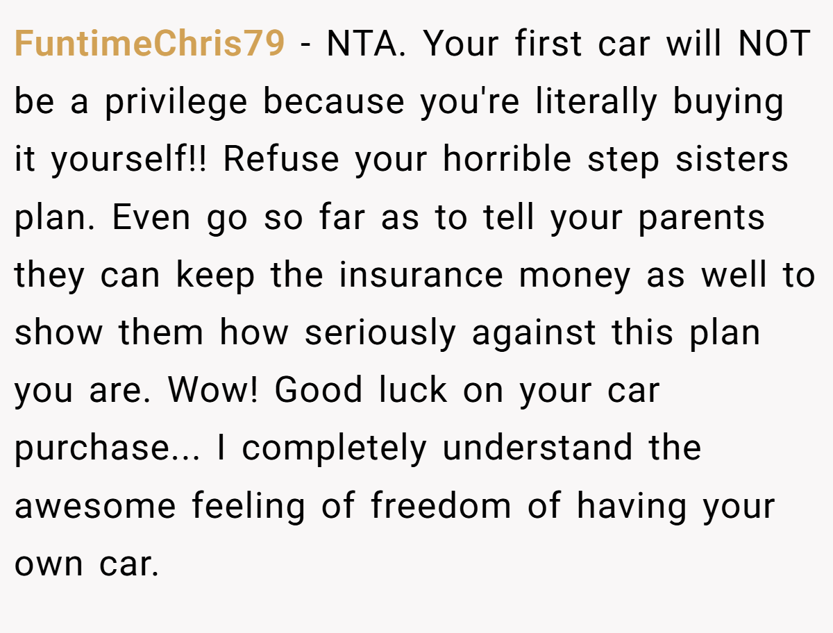 FuntimeChris79 - NTA. Your first car will NOT be a privilege because you're literally buying it yourself!! Refuse your horrible step sisters plan. Even go so far as to tell your parents they can keep the insurance money as well to show them how seriously against this plan you are. Wow! Good luck on your car purchase... I completely understand the awesome feeling of freedom of having your own car.