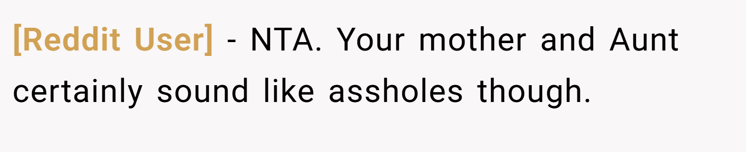 [Reddit User] − NTA. Your mother and Aunt certainly sound like assholes though.