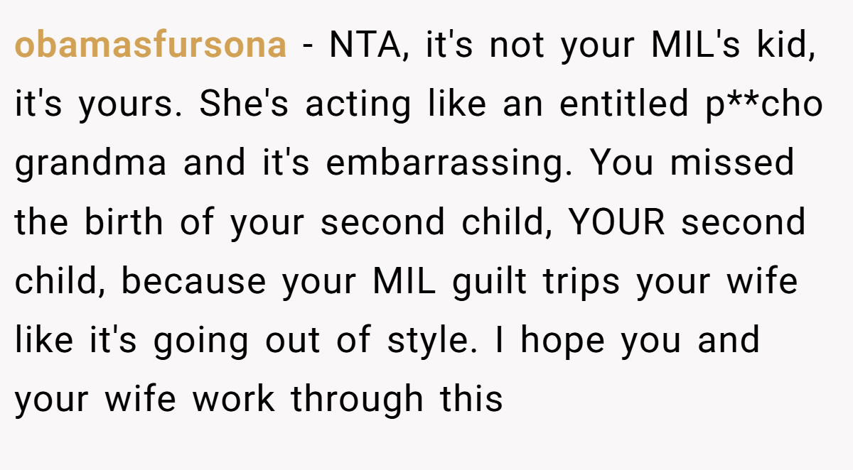 obamasfursona - NTA, it's not your MIL's kid, it's yours. She's acting like an entitled p**cho grandma and it's embarrassing. You missed the birth of your second child, YOUR second child, because your MIL guilt trips your wife like it's going out of style. I hope you and your wife work through this